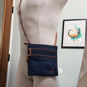 Dooney & Bourke Navy and Brown 3 zipper Crossbody Bag